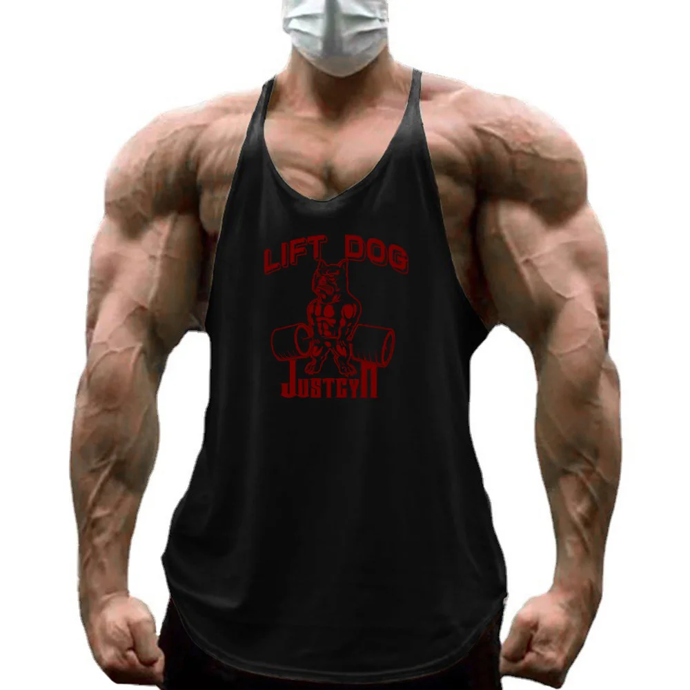 Men's Cotton Stringer Tank Tops Low Scoop Neck Y-Back Racerback With Lift Dog Graphic Print Bodybuilding Gym Workout Vest