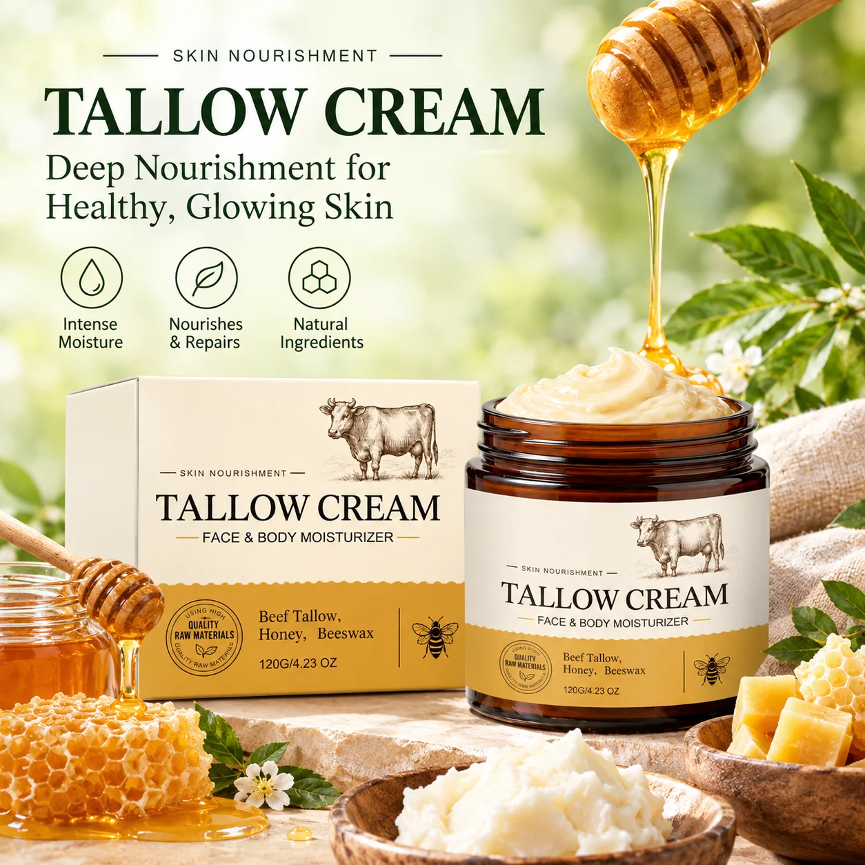 Whipped Beef Tallow & Honey Moisturizer Long Lasting Hydration Smooth Texture Deep Wrinkles Treatment Natural Organic Face Cream