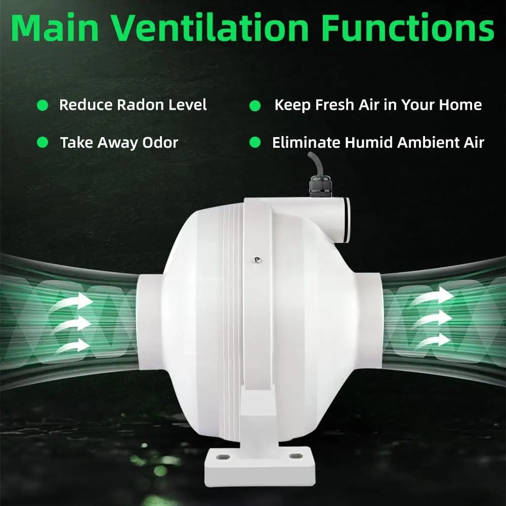 Ventilador de duto em linha de mitigação de radon de 4 "260CFM IP67 à prova d'água silencioso e eficiente em energia, instalação interna e externa listada pela UL