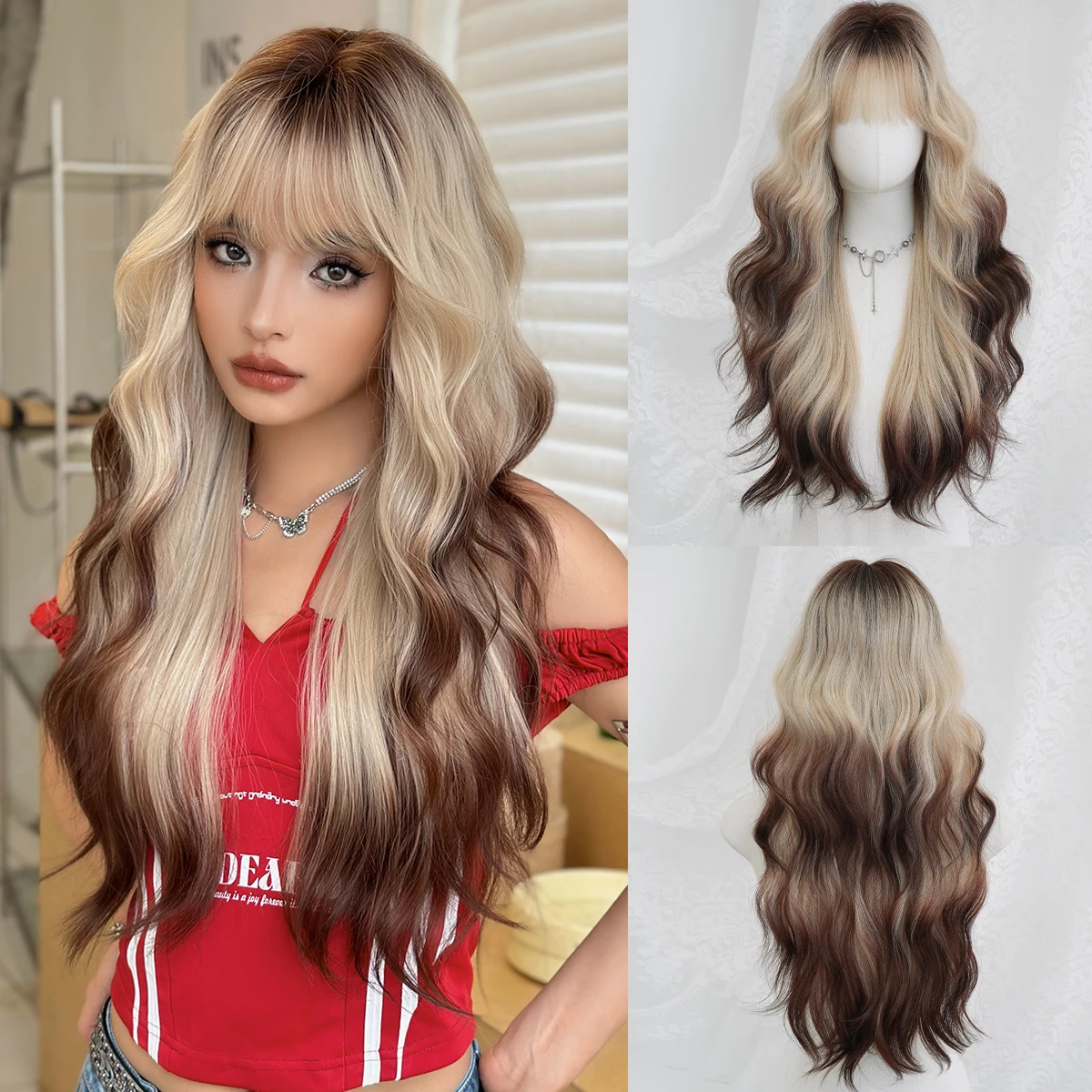 

Long Wave Beige Wigs For Women With Bangs Natural Dark Roots High Quality Synthetic Heat Resistant Fiber Hair Tail Dyed Black
