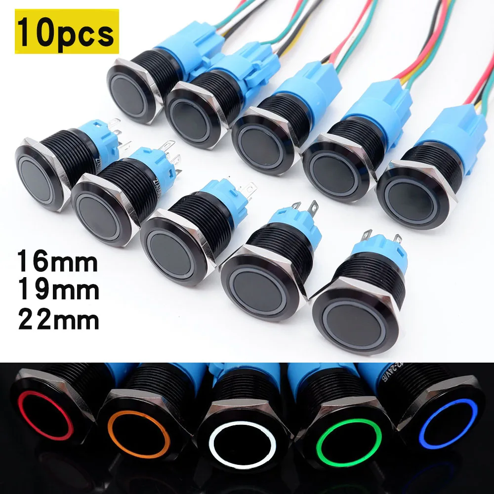 10pcs Metal Push Button Switch 12v 16mm 19mm 22mm Black Ring Lamp Waterproof LED Light Self lock Reset Car Start Switch 5v Red