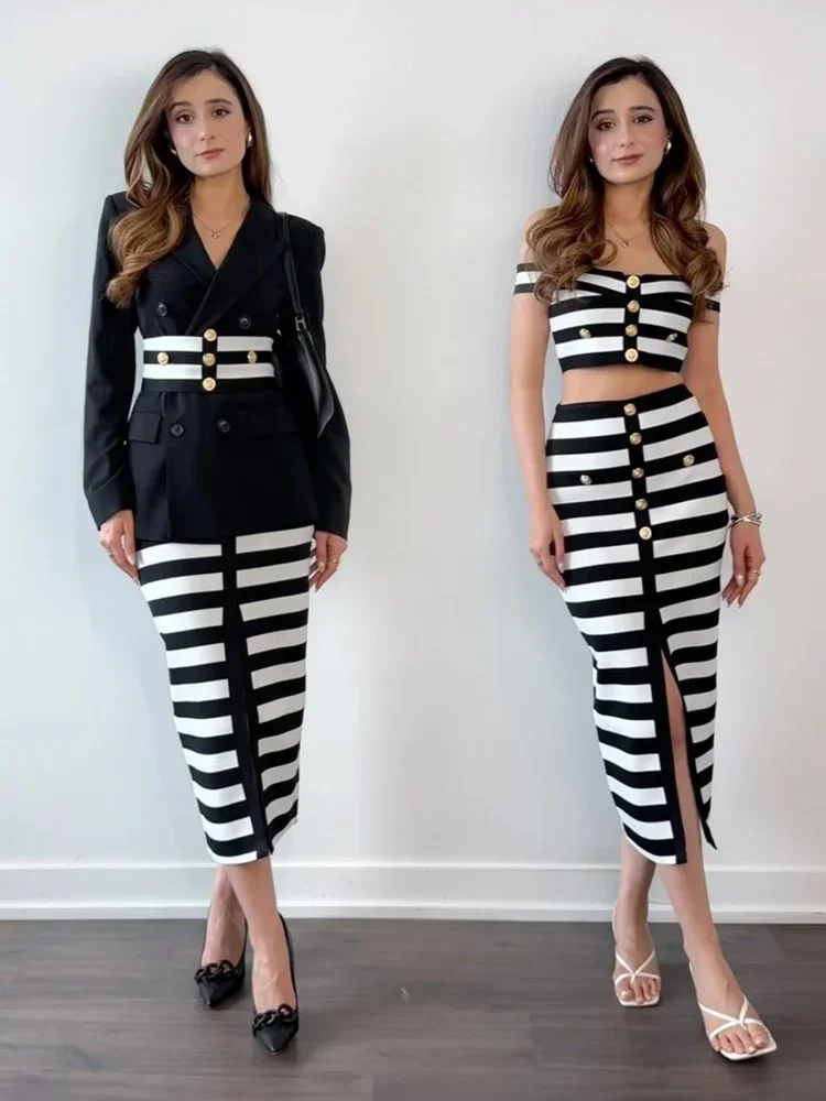 Women Black White Stripe Skirt Two Piece Set Off Shoulder Button Crop Top High Slit Midi Bodycon Skirts Elegant Summer Outfits