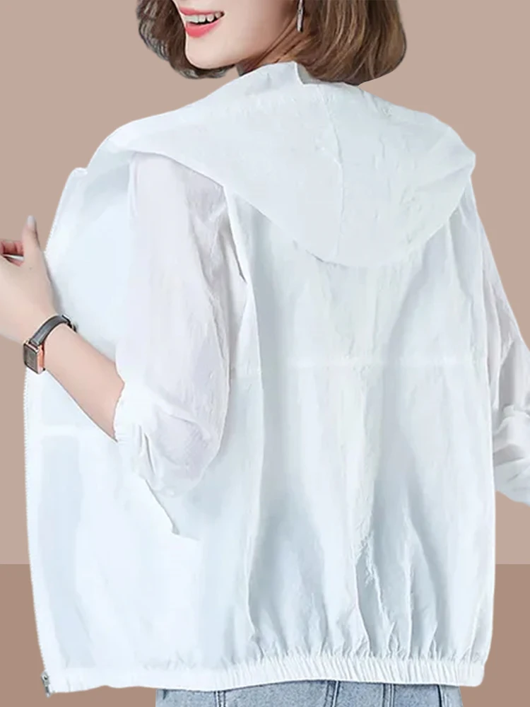 Women's Summer Lightweight Breathable Sun Protection Jacket Thin Outerwear Transparent Hooded Long Sleeve Casual Coat