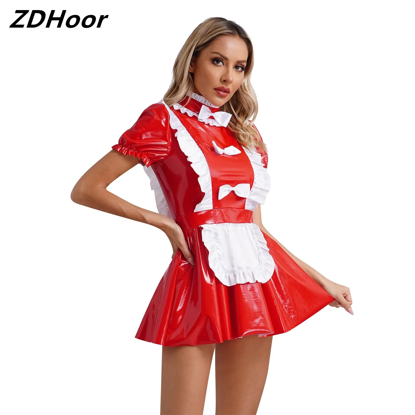 

Womens Maid Dress Glossy Patent Leather Ruffles Trims Bow Apron Puff Sleeve A-Line Dress Naughty Maid Uniform Clubwear