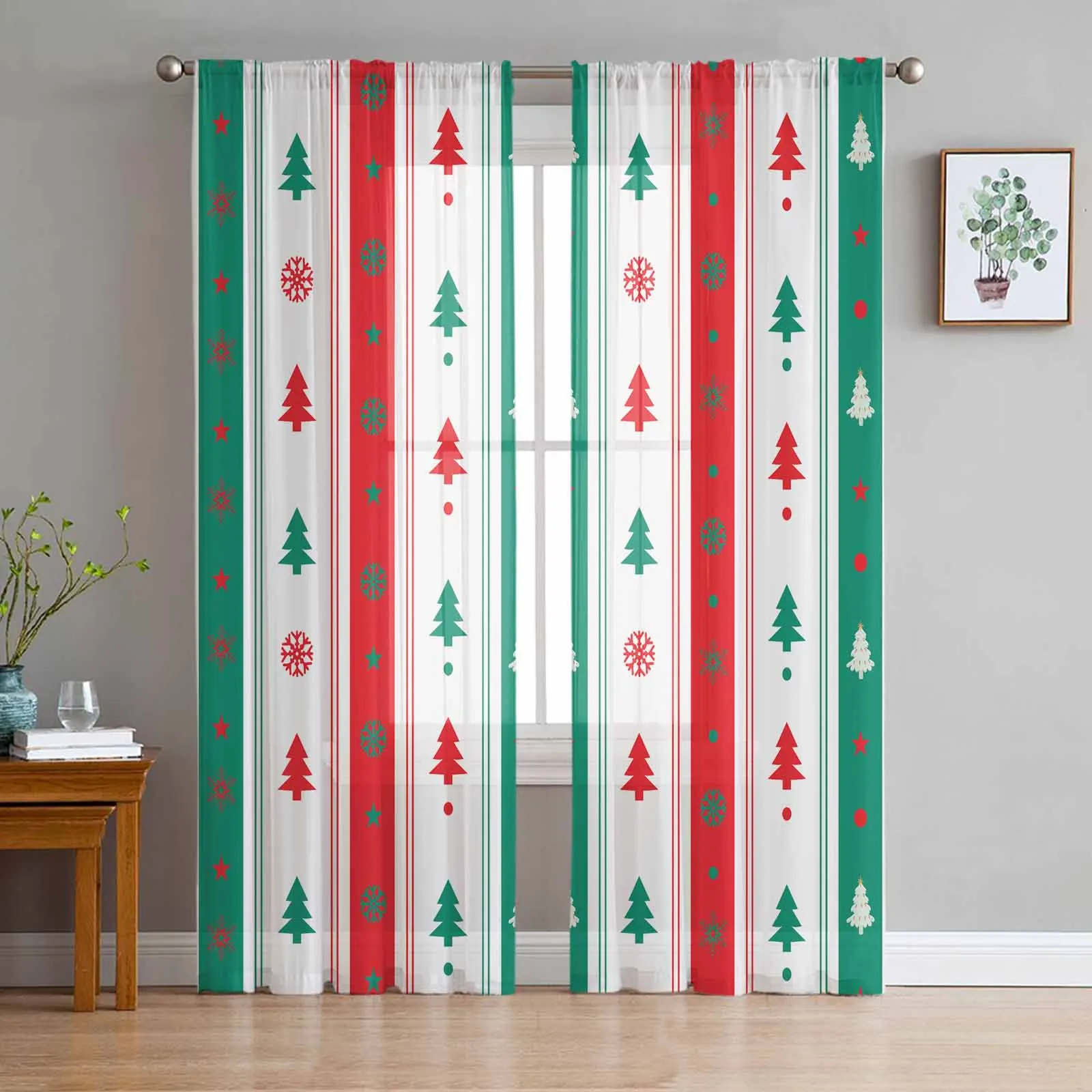 

Christmas Tree Striped Snowflakes Tulle Curtains For Bedroom Home Decor Living Room Kitchen Voile Curtains For Blind