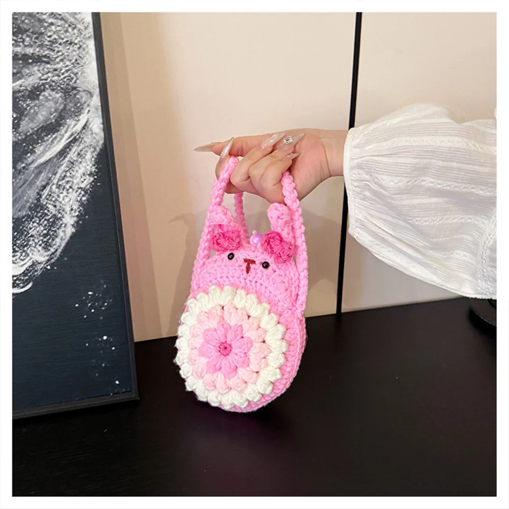 Cute Rabbit Hand-Woven Wool Phone Crossbody Bag Butterfly Knot Ornament Single Shoulder Messenger Bag Mini Knit Purse