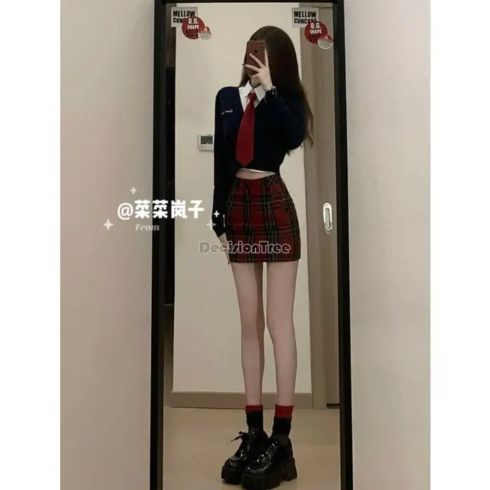 2023 new korea women jk uniform short v-neck navy blue cardigan + white shirt + red plaid tight skirt three pieces fashion set