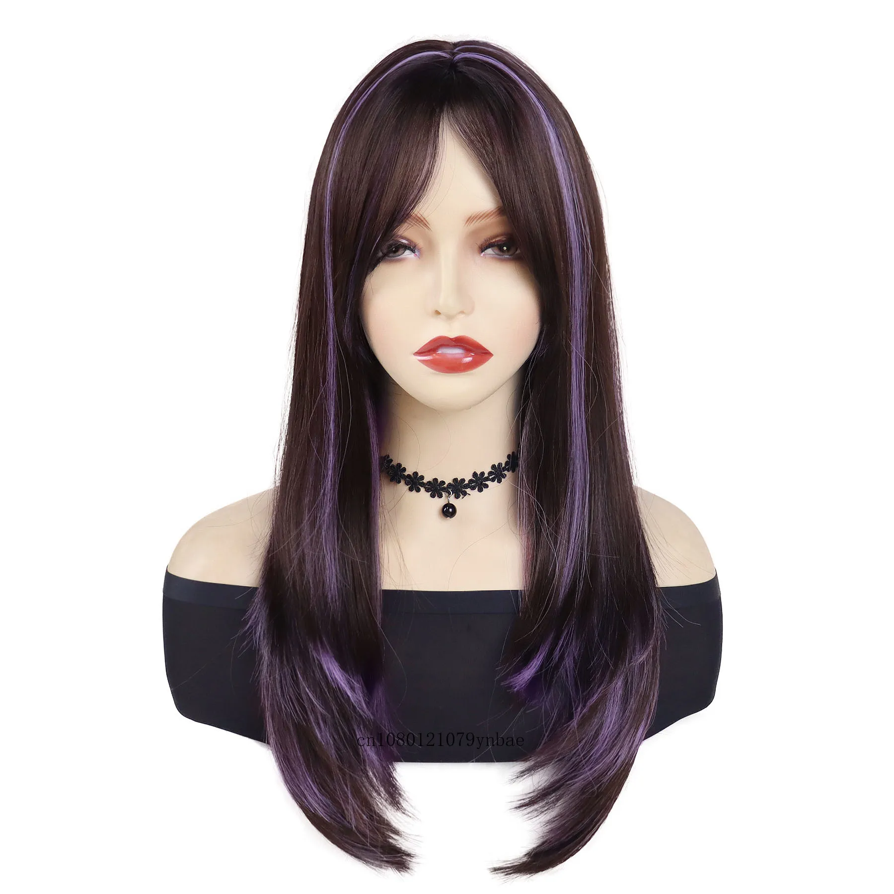 Brown Mix Purple Synthetic Wigs for Women 24inch Long Straight Wig with Bangs Heat Resistant Daily Costume Party Natural Looking