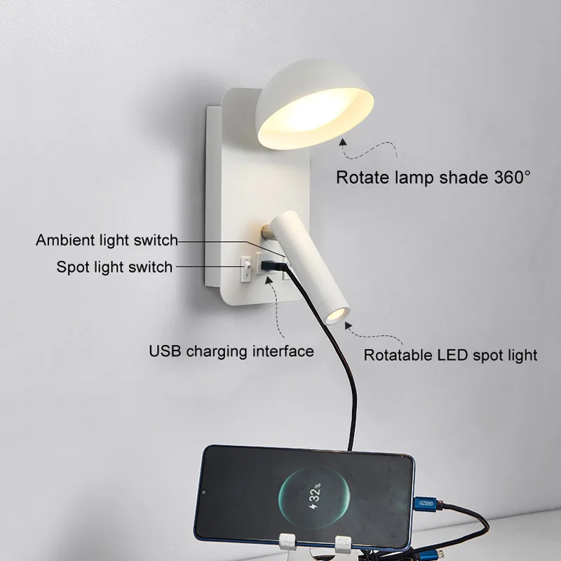 Dual Head LED Bedside Wall Sconce With USB Charging Port Independent Switches Rotatable Reading Spotlight Bedroom Wall Lamp