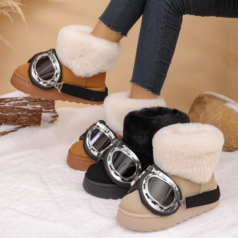 Winter Glasses Decor Thick Soled Comfort Women's Snow Boots 2026 Fashion Fleece Lined Warm Round Toe Casual Boots for Women