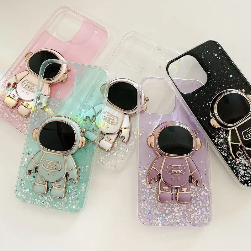 

Astronaut Folding Stand Holder Glitter Phone Case For Huawei Mate 10 20 Lite 20X 30 40 Pro Honor 50 Lite 50SE 60 9A Soft Cover