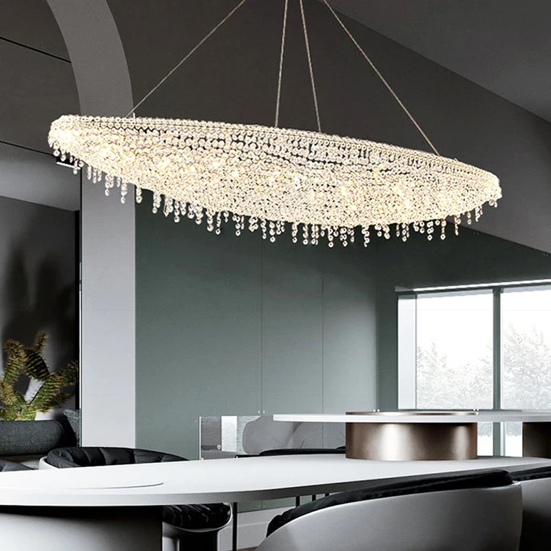 

Postmodern Designer Oval Crystal Ceiling Chandeliers Chrome Home Decor Pendant Lighting Fixture Hanging Lamps for Ceiling LED