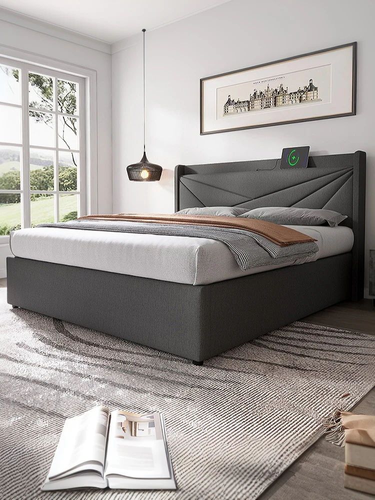 KOMHTOM Lit double avec rembourrage, espace de rangement et fonction de chargement USB-C, porte-lit en lin