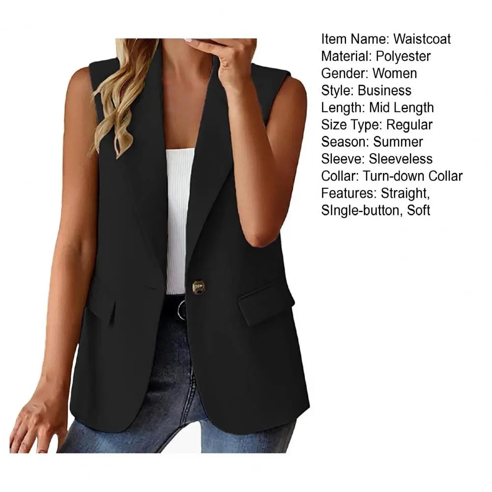 Women Summer Waistcoat Sleeveless Business Vest Coat Lapel Pockets Single Button Straight Formal OL Style Commute Coat Vest