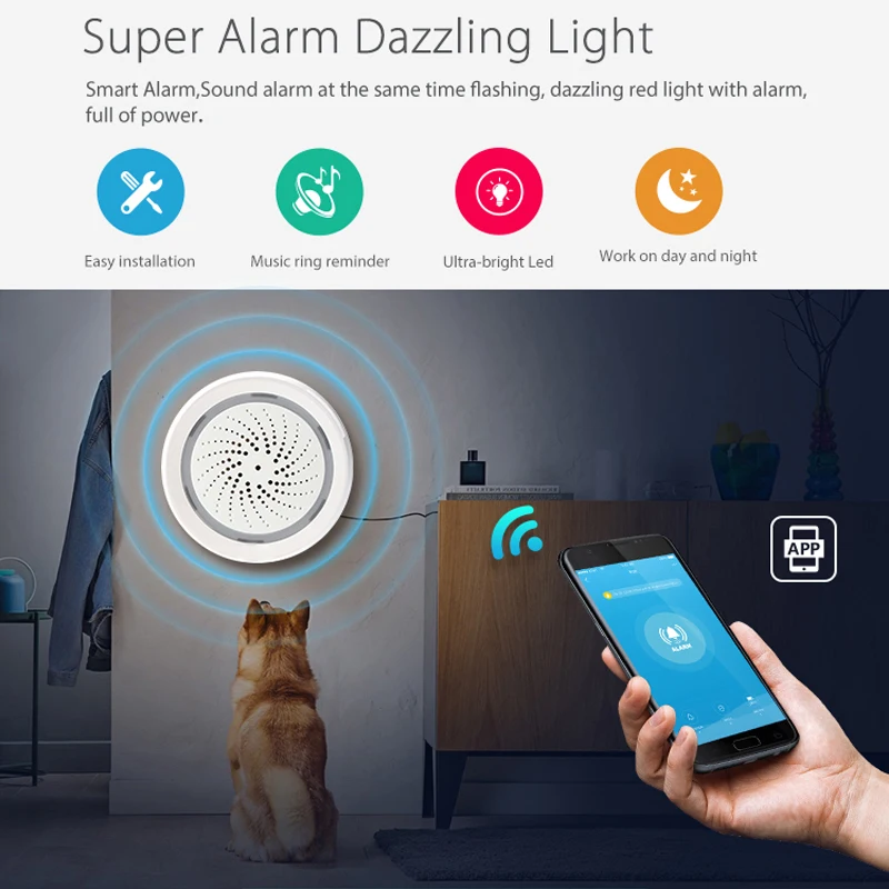 Tuya WiFi Alarm Siren 100dB with Temperature and Humidity Sensor Strobe Light Alerts for Smart Home Automation Security System