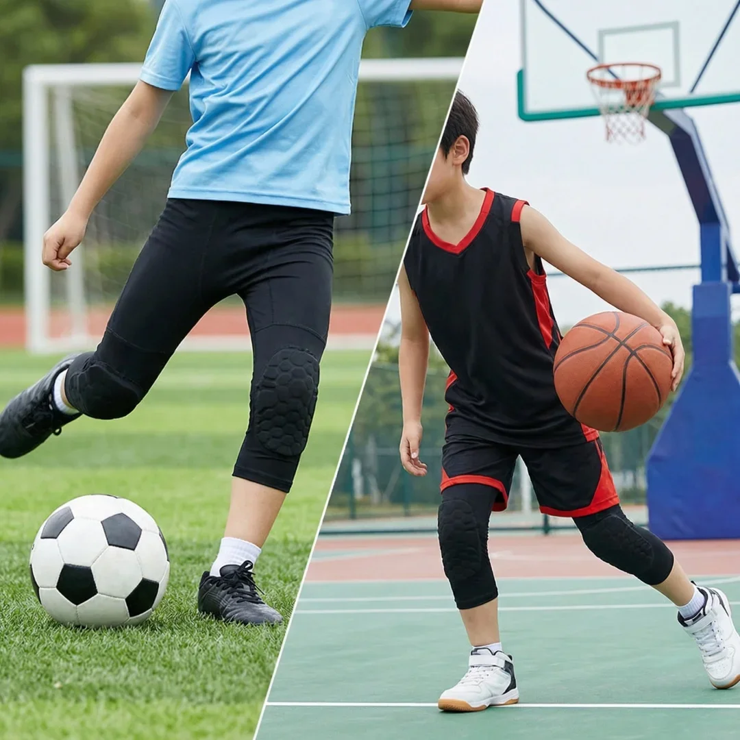 

Boys Basketball Leggings with Knee Pads Kids Padded Compression Pants Sport Tights Workout Training Running Capris ﻿