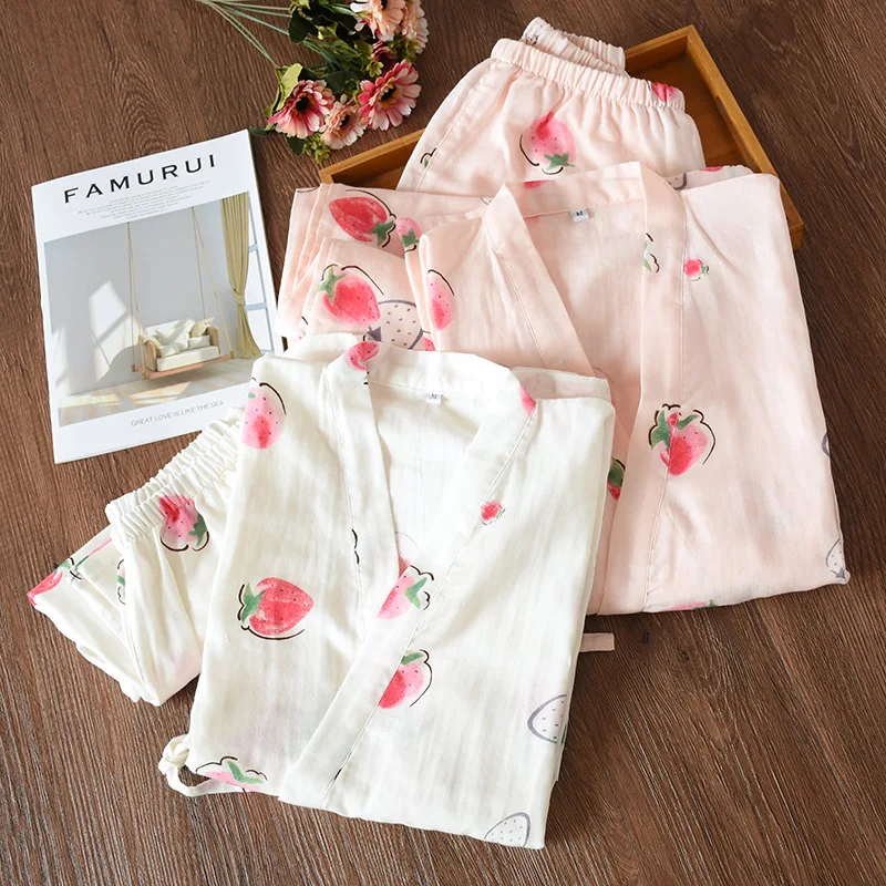 

Women's Cotton Pajamas Spring Summer Autumn Medium Sleeved Long Pants Japanese Kimono Set Print Pijamas Home Nightwear Homewear