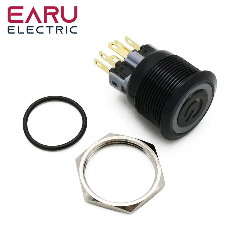 22mm Waterproof Metal Push Button Switch LED Light Black Momentary Latching Car Engine PC Power Switch 3V 5V 12V 24V 110V 220V