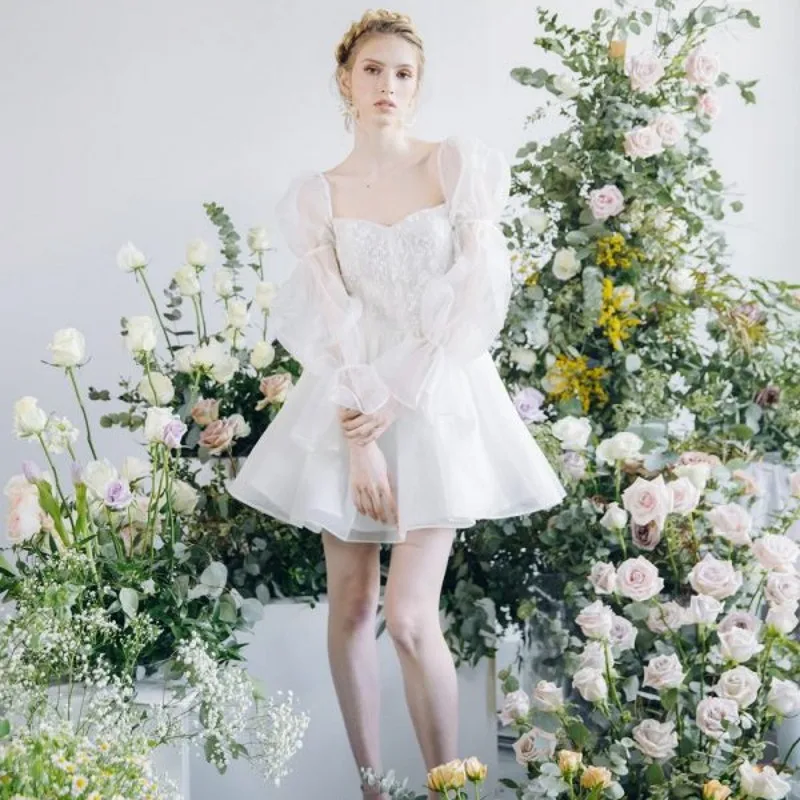 Square Neck Puff Long Sleeve A Line Tulle Lace Short Wedding Dresses Above Knee Vintage Bridal Dress Ball Gown TT570