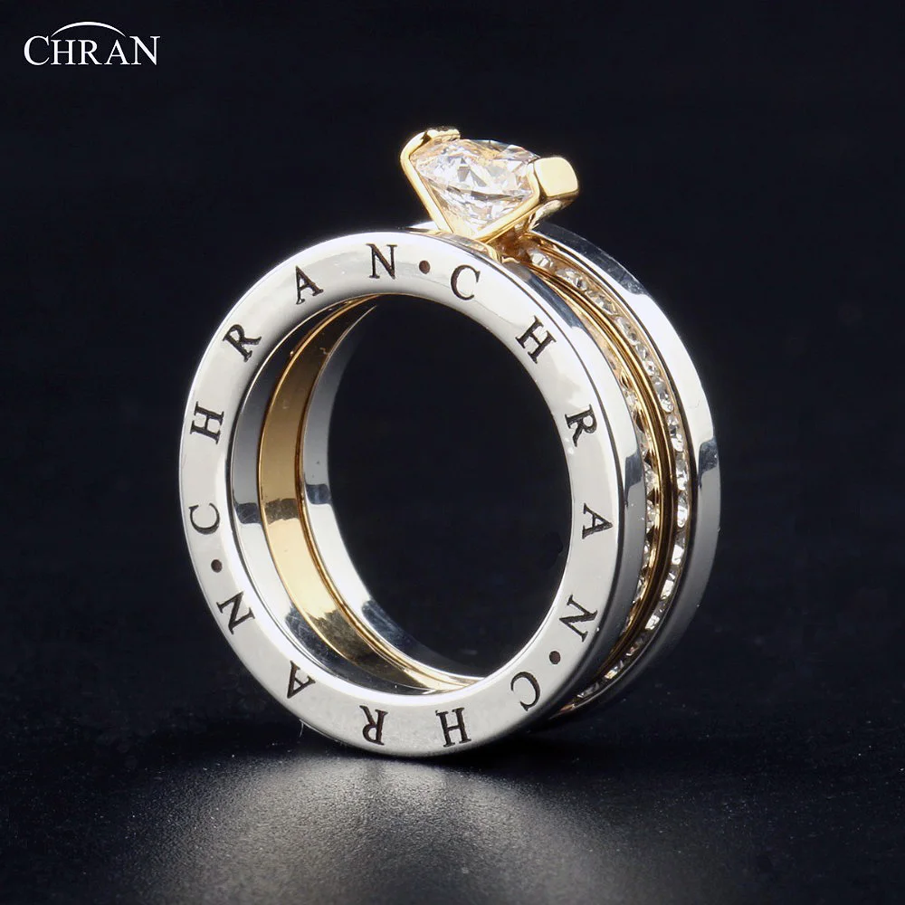 CHRAN Classic Zircon Wedding Bridal Ring Set Three Layers Elegant Luxury Engagement  Rings For Women  Girls Jewelry Gift