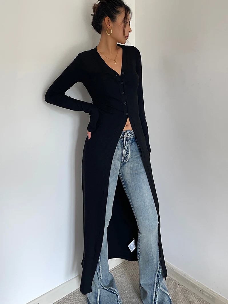 WOMENGAGA Long Cardigan Tops This Autumn Women 2023 New Slim Dress Elegant Fashion Women Dresses 2023 New V Enck E6JL