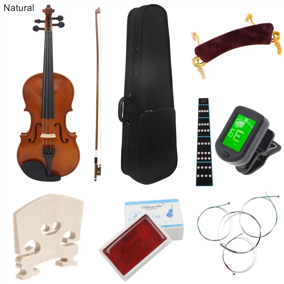 4/4 Full Size Solid Wood Violin Set with Hard Case, Bow, Fingerboard Sticker, Extra Strings and Bridge, Beginners Violin Kit