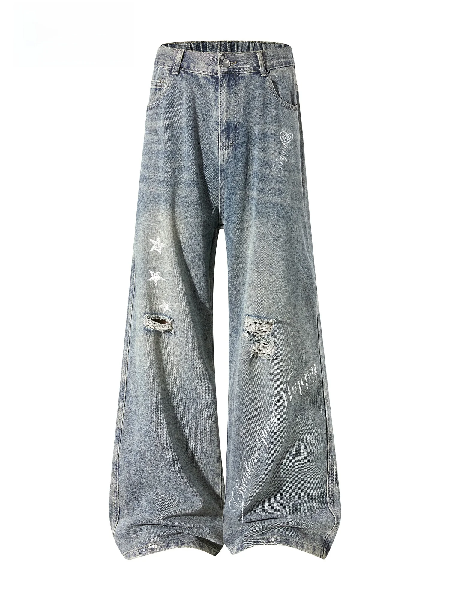 Calças Jeans Largas com Estampa de Estrelas Estilo Americano Charles Heart para Homens e Mulheres, Moda de Verão, Versáteis e...