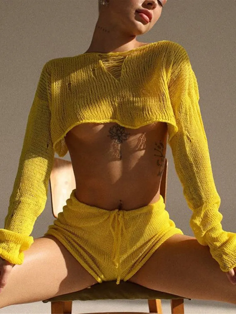 2023 New Sexy Beach Crop Top Shorts Sets Women Knit Long Sleeve Lace Up Female Suit Summer Holiday See Through 2 Piece Set