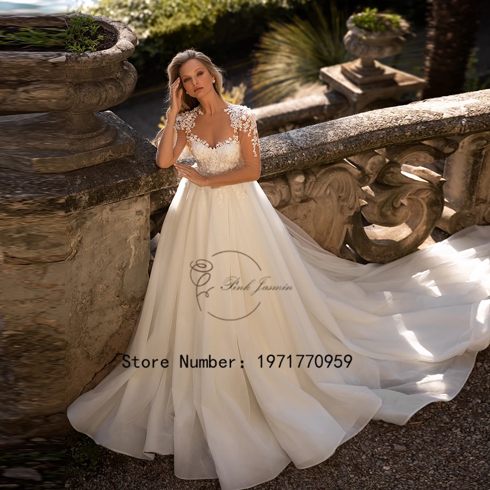 Squisiti abiti da sposa a maniche lunghe per donna scollo tondo Sweetheart fiori 3D Tulle perline abiti da sposa Abito da sposa 2024