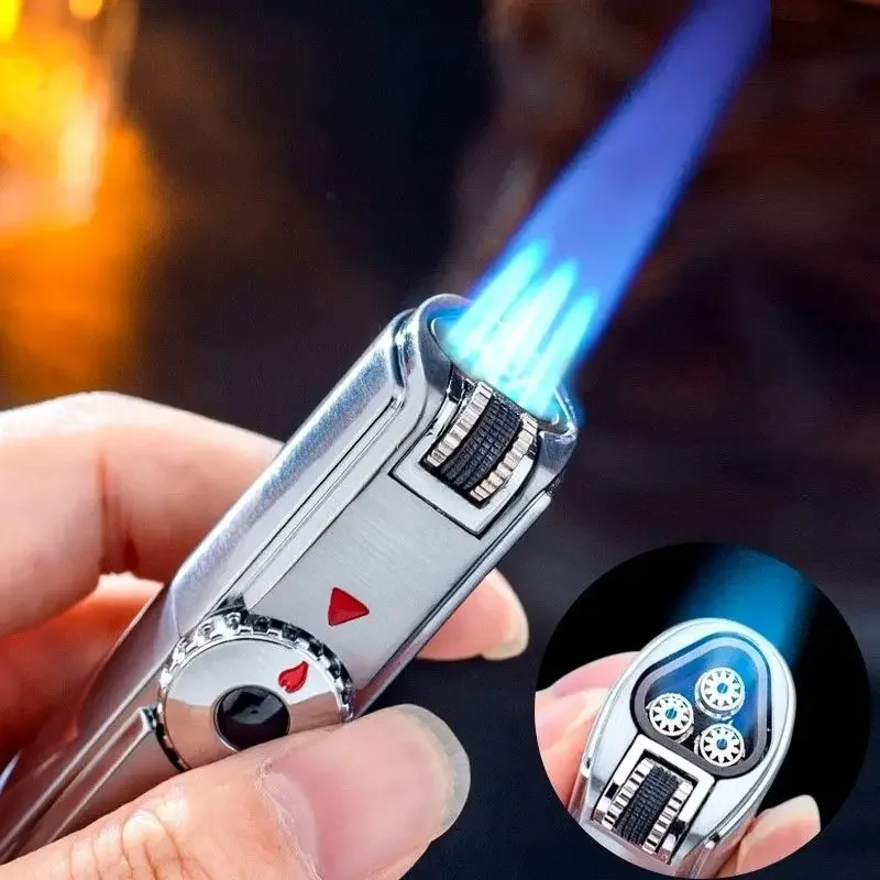 Jobon Gas Torch Lighter Powerful Three Straight Blue Flame Grinding Wheel Windproof Cigar Lighter Turbo Spray Gun Men\'s Gadgets