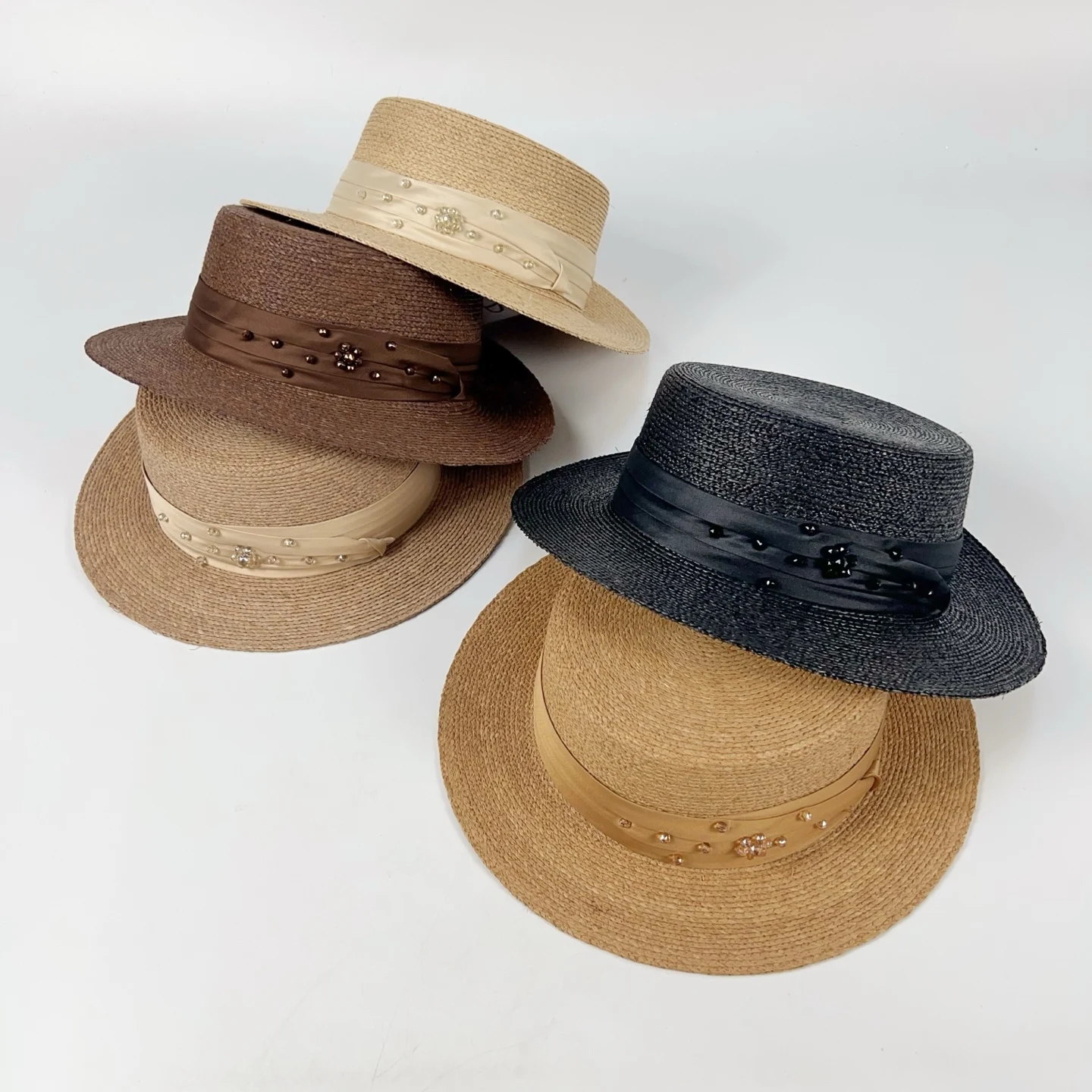 lafite-straw-hat-summer-outdoor-flat-top-sun-protection-hat-women's-beach-vacation-decorated-with-water-diamonds-hat
