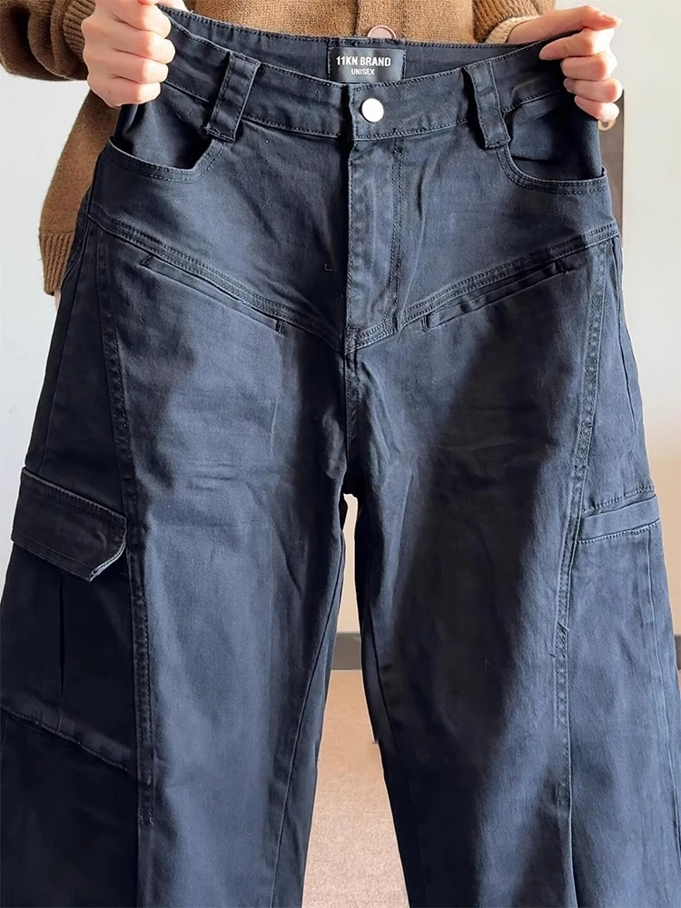 

Retro American Multi-Pocket Work Pants Men's Loose Straight Leg Jeans Washed Cotton Wide Leg Denim Jeans Casual Straight Fit