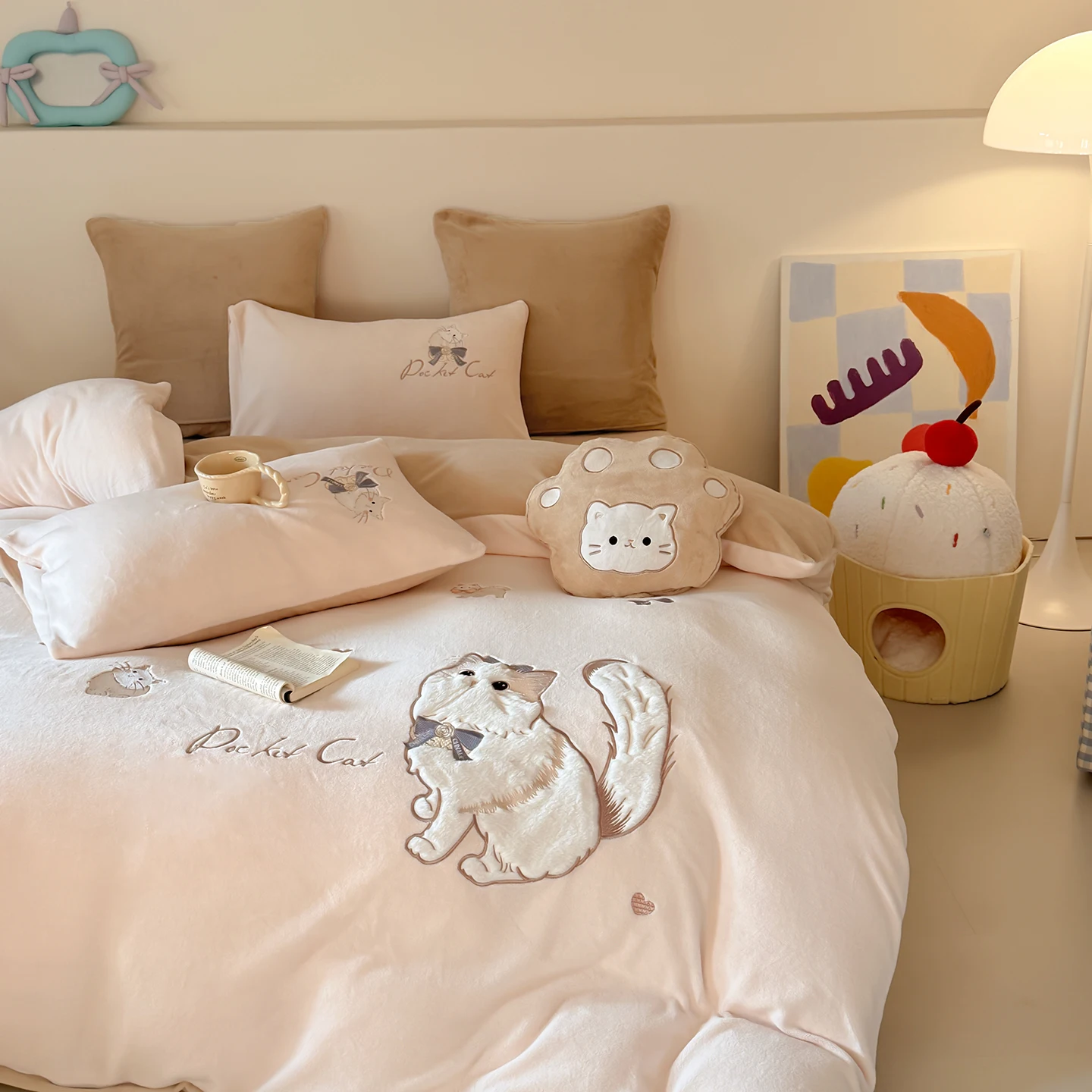 Cute Furry Cat Orenge Bedding Set Blue Milk Fleece, 3/4pcs Duvet Cover for Little Girl Kids' Bedroom Home Decor Bunny mbroider