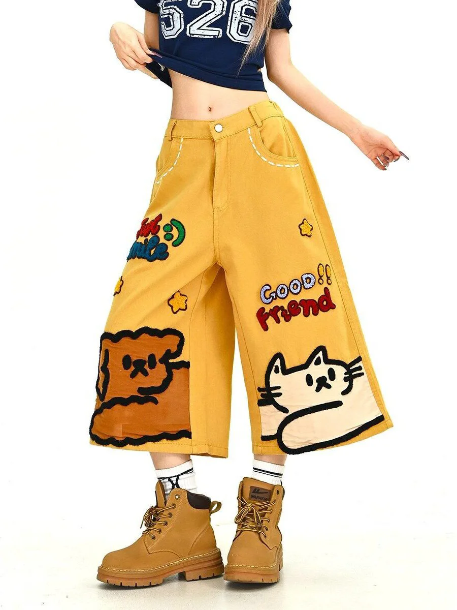 Calças Jeans com Bordado de Desenhos Animados Americanos Retrô, Corte Solto, Shorts de Perna Larga, Calças Casuais de Verão p...