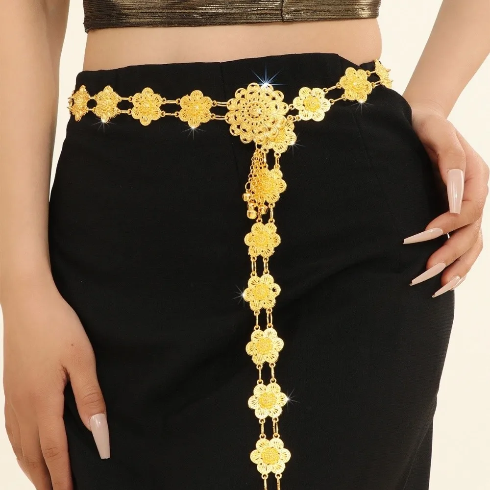 

Classic Metal Thai Belly Waist Chains Bell Tassel Hollow Out Flower Necklace Ethnic Style Gold Dance Dress Belt Chains Women