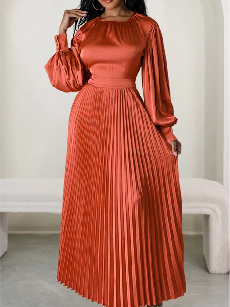 2024 Spring Pleated Loose Maxi Dresses Women Solid Ruched Lantern Full Sleeve Party Gown Elegant Long Dress Ropa de Mujer