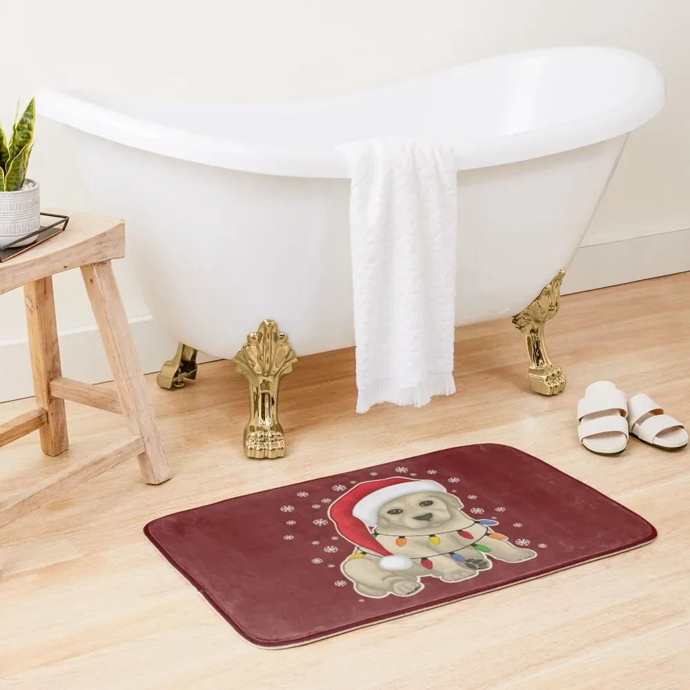 

Santa Paws - Labrador puppy in a hat tangled in christmas lights Bath Mat Slip-Resistant Waterproof Bathroom Rugs Mat