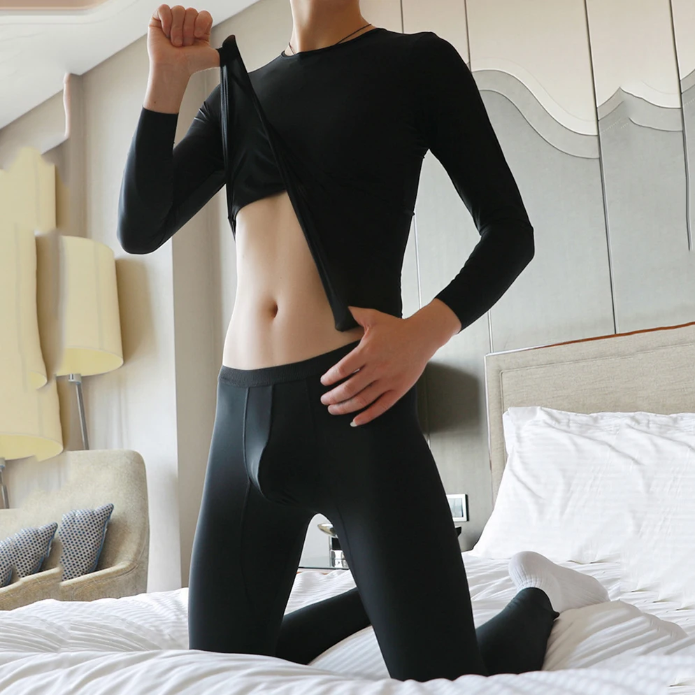 

Men Thermal Long Johns Set Underwear Sexy Ice Silk Long Sleeve Pants Tops Elastic Ultra Thin Lingerie Sleep Bottoms