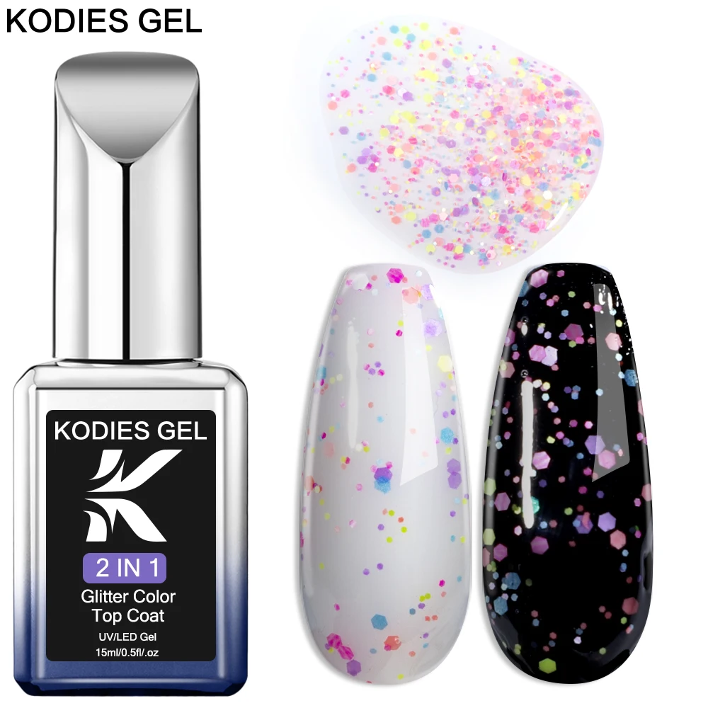 

KODIES GEL Confetti Top Coat No Wipe UV Gel Nail Polish 2 IN 1 Semi Permanent Summer Rainbow Manicure Gel Varnish Finish Gellak