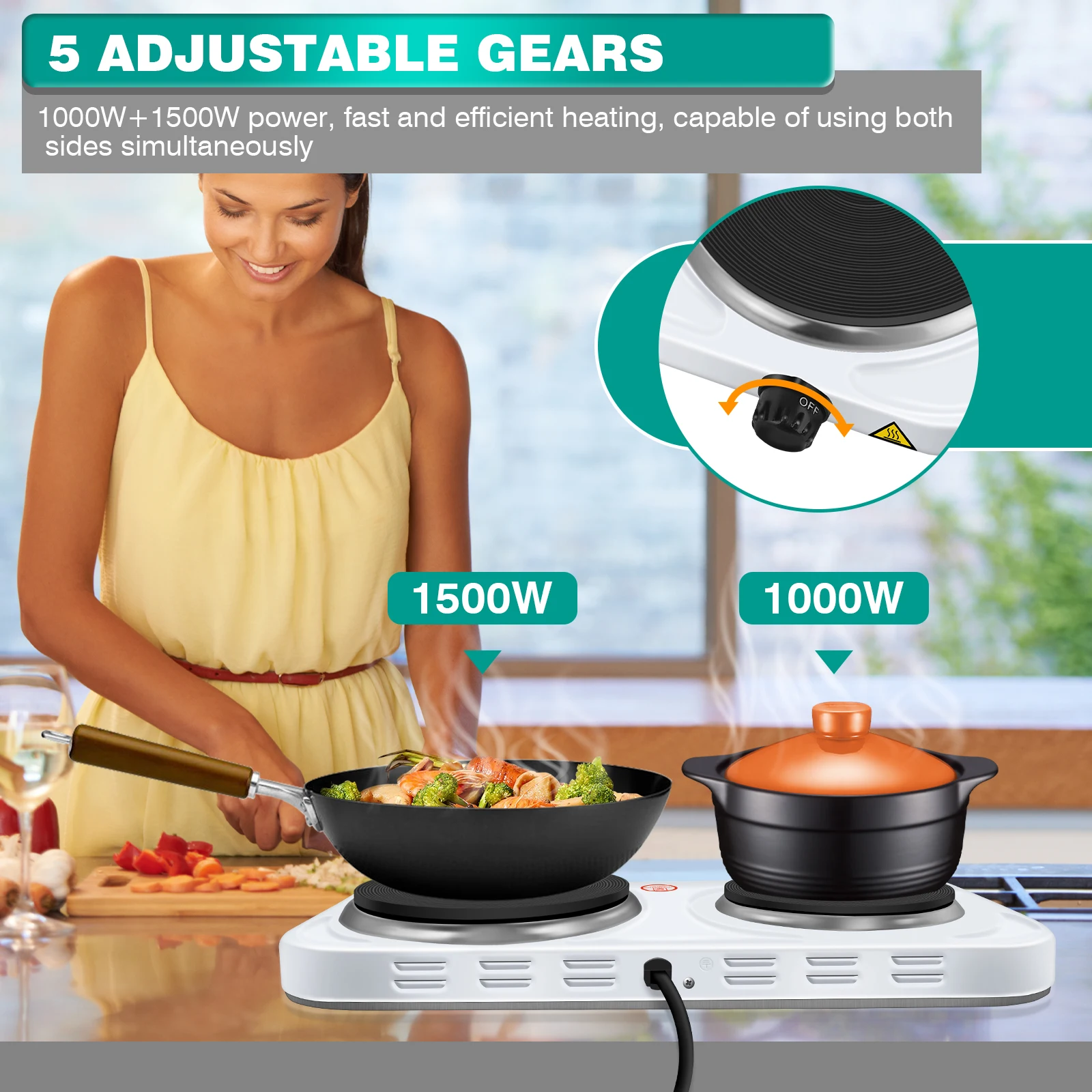 موقد كهربائي سلكي 1500 وات، لوح تسخين مزدوج، موقد كهربائي بحلقتين مع إعدادات حرارة متغيرة، طباخ كهربائي على سطح الطاولة، مخيم
