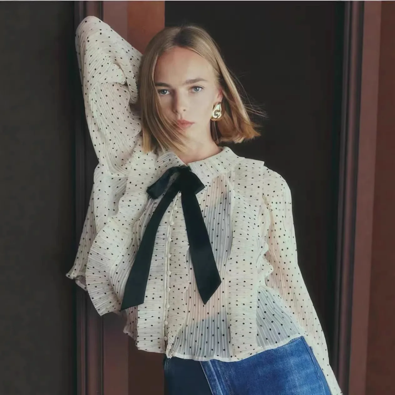 

Sweet Polka Dot Print Knot Tie irt Vintage Court Sle Spring Summer New Arrival Women's Loose Fit Long Sve Bl...