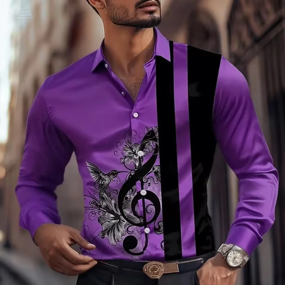 قميص موسيقي مخطط جديد للرجال، قميص بأزرار وأكمام طويلة، أزياء ليلية غير رسمية، قميص طية صدر السترة للخريف، قميص رجالي بمقاس كبير #6