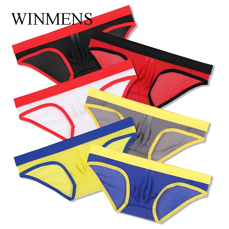 5 Pieces/Lot Men's Transparent Triangle Underwear Male Mesh Sequins Briefs Underpants Low Waist See Inner Breathable Panties