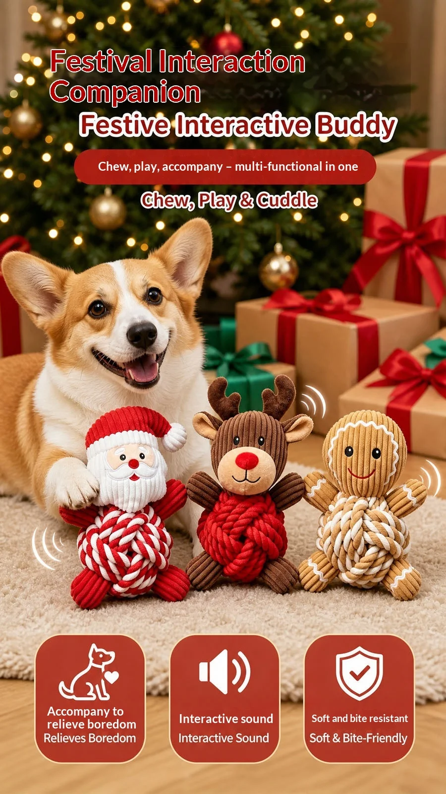 Weihnachtliches Welpen-Kauspielzeug, Baumwollseilball, Plüsch-Quietschspielzeug für Hunde, zur Linderung von Zahnfleischschmerzen und zur Bekämpfung von Langeweile, langlebiges Haustiergeschenk, Hundespielzeug – Detail 8
