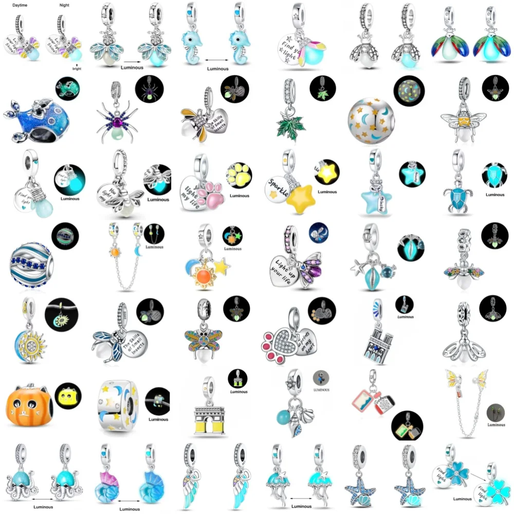 

925 Silver Star Moon clip bead Charm Glow-in-the-dark Firefly Double Pendant Fit Original Bracelet Women DIY Jewelry Accessories