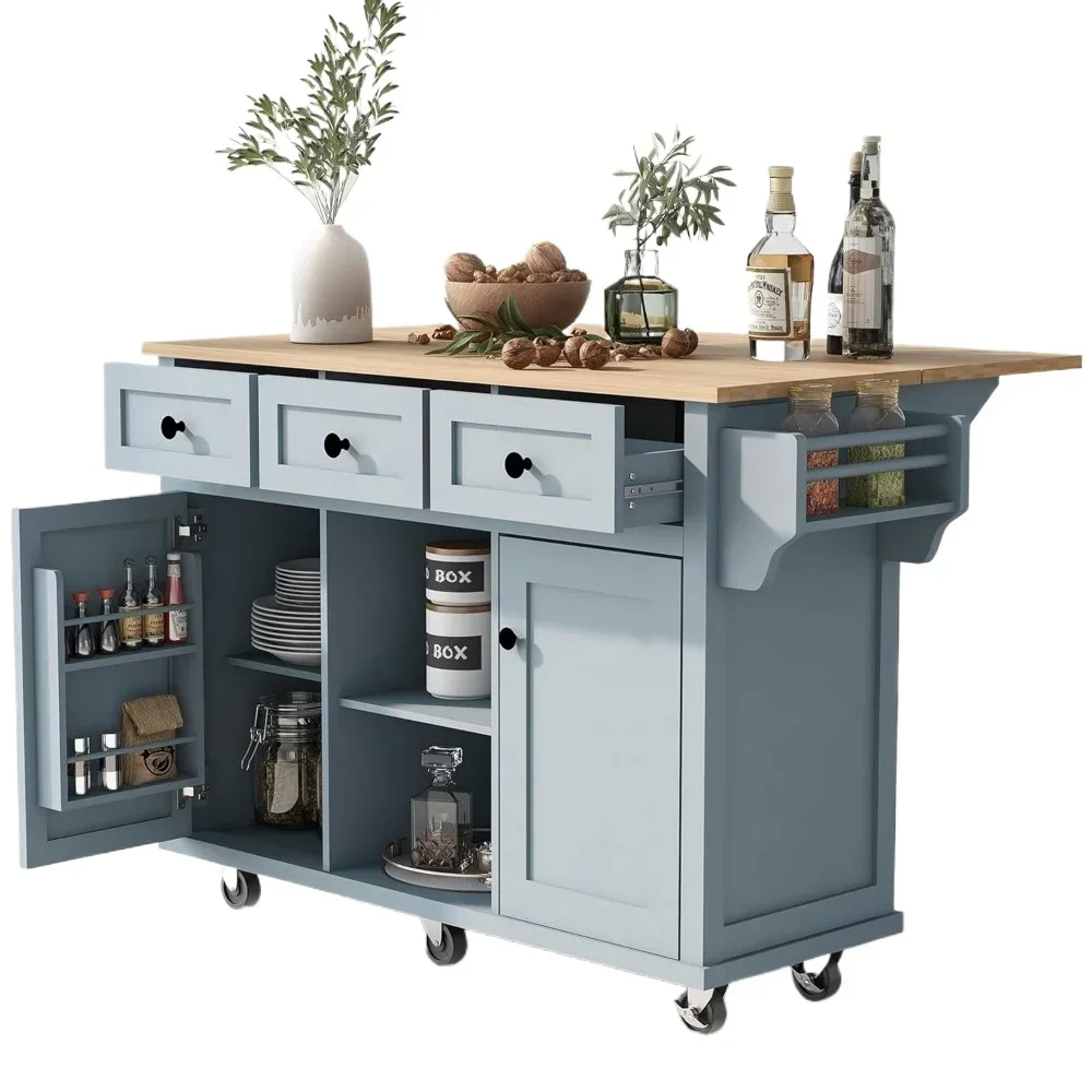 kitchen islands table，Kitchen Island with Drop Leaf, Wood Kitchen Island on Wheel with Internal Storage Racks (Gray Blue,53.1