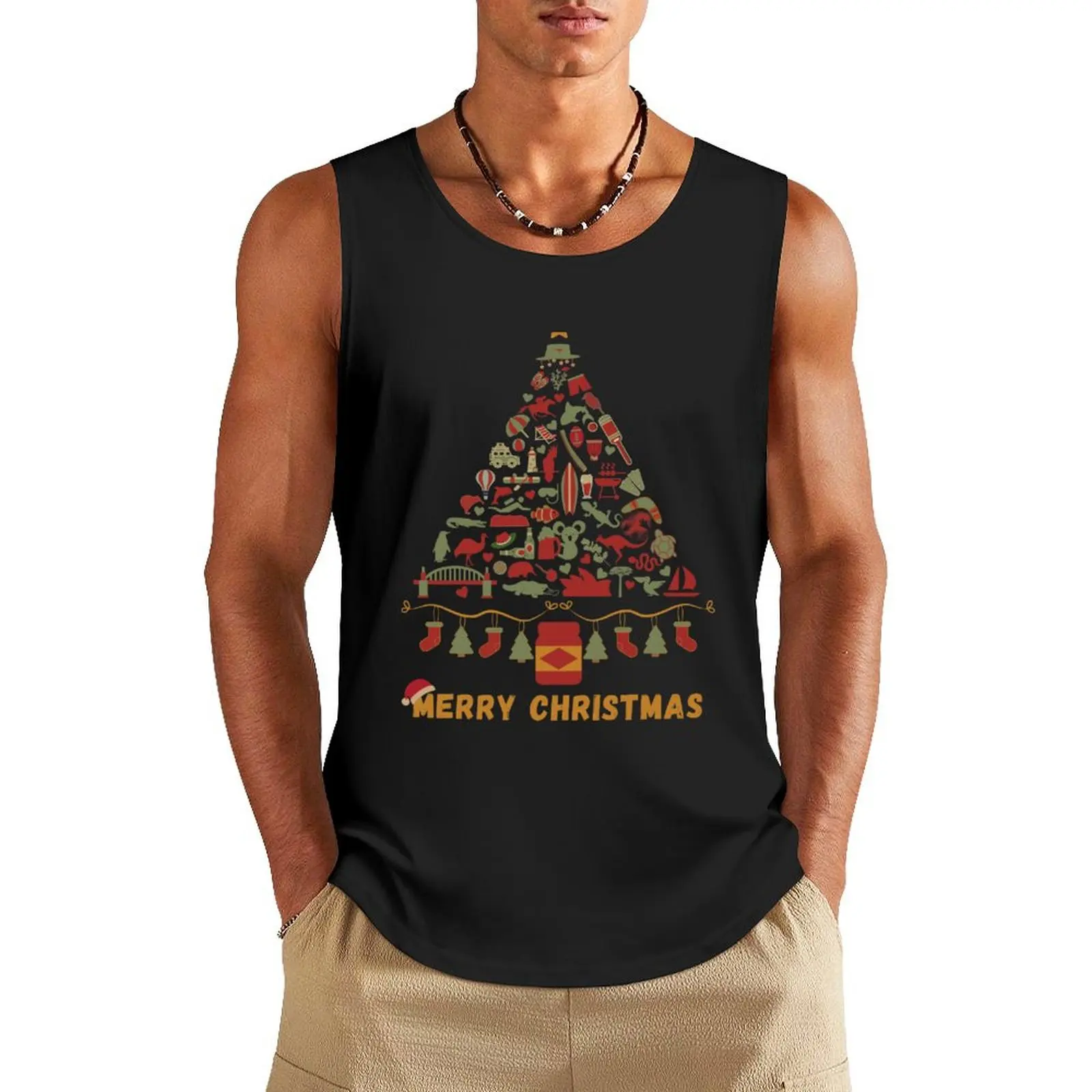 Merry Christmas Australia Australian Christmas Tree Made Up of Icons/Symbols (in Vintage Xmas Colors, also available in Tank Top