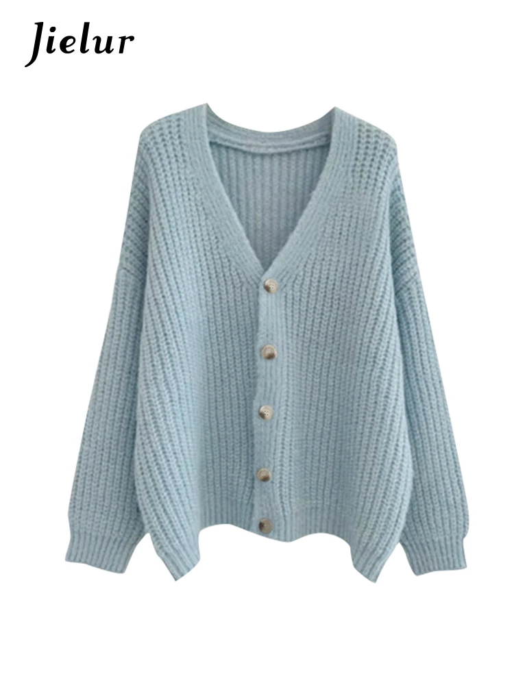 Jielur Light Blue Sweet Loose Sweater Knitting Female Cardigan Fashion Classic Simple Soft Casual Single Breasted Women Cardigan