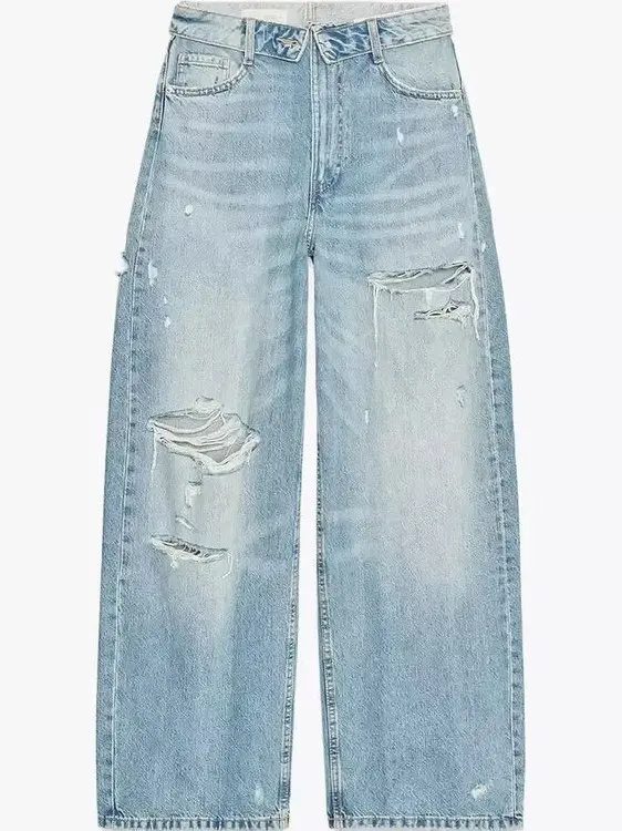 Fashionable Mid-Rise Cuffed Denim Jeans Women's Autumn New Style Casual Loose Fit Elastic Waistband Hole Design Natural Waist