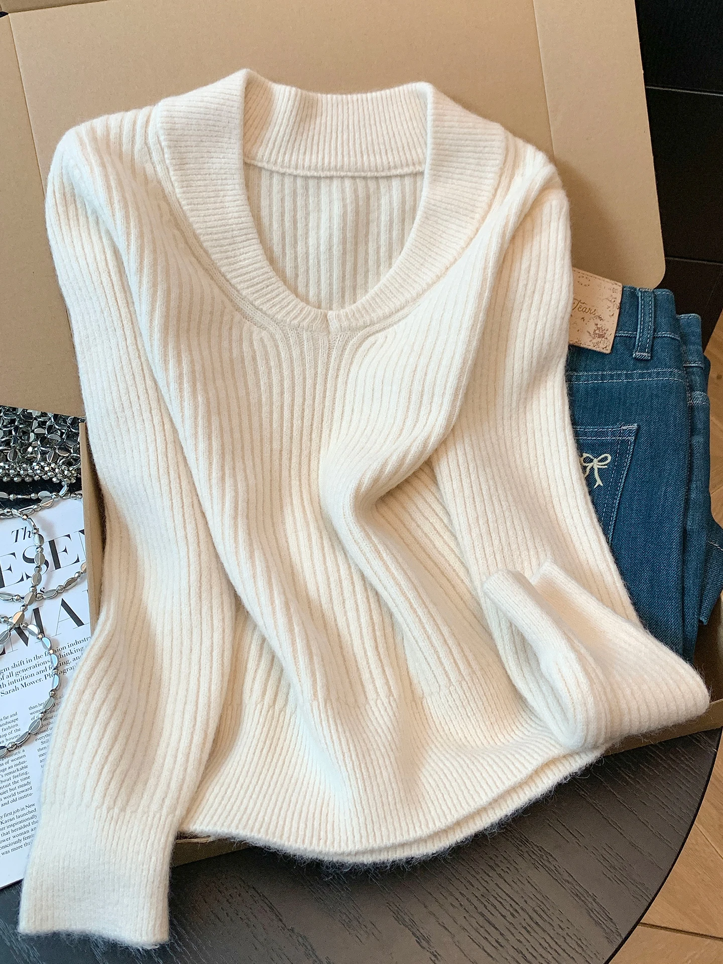 

Retro American Sle Women's Knitted Sweater V-Ne Long Sve Simple Design Spring Autumn Slimming Inner Wear Base Layer Top
